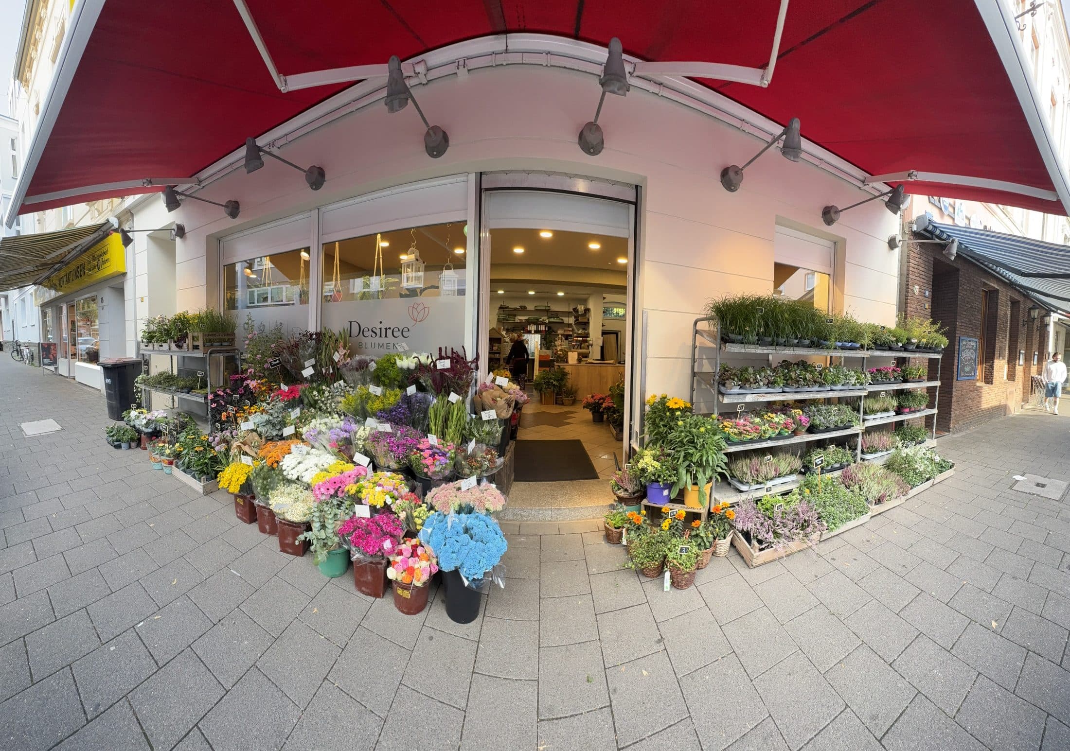 Das Ladengeschäft von Desiree Blumen mit Schnittblumen und Pflanzen vor dem Eingang